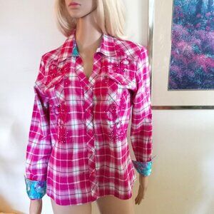 Blouse Lamasini Rodeo Western Size M Vibrant Pink Plaid Embroidery Rhinestones